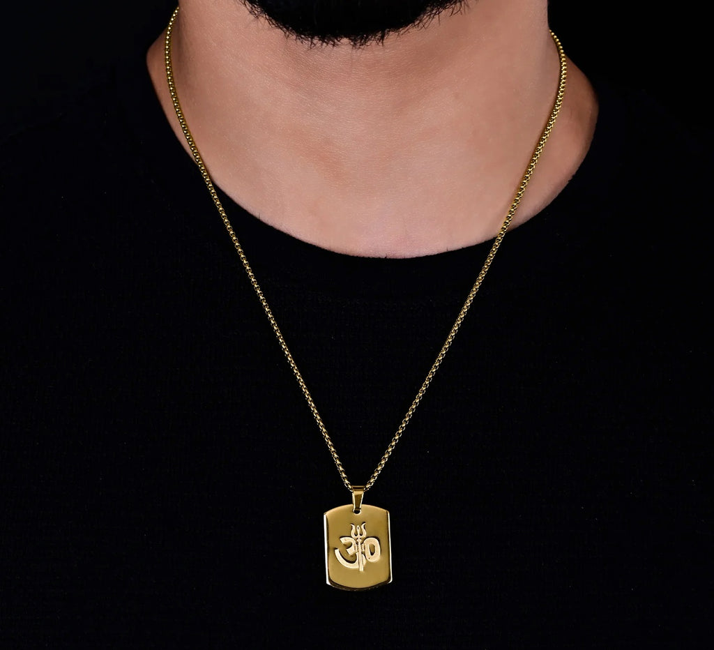 Om Trishul Power Gold Plated Pendant Chain Necklace (23 Inch) New